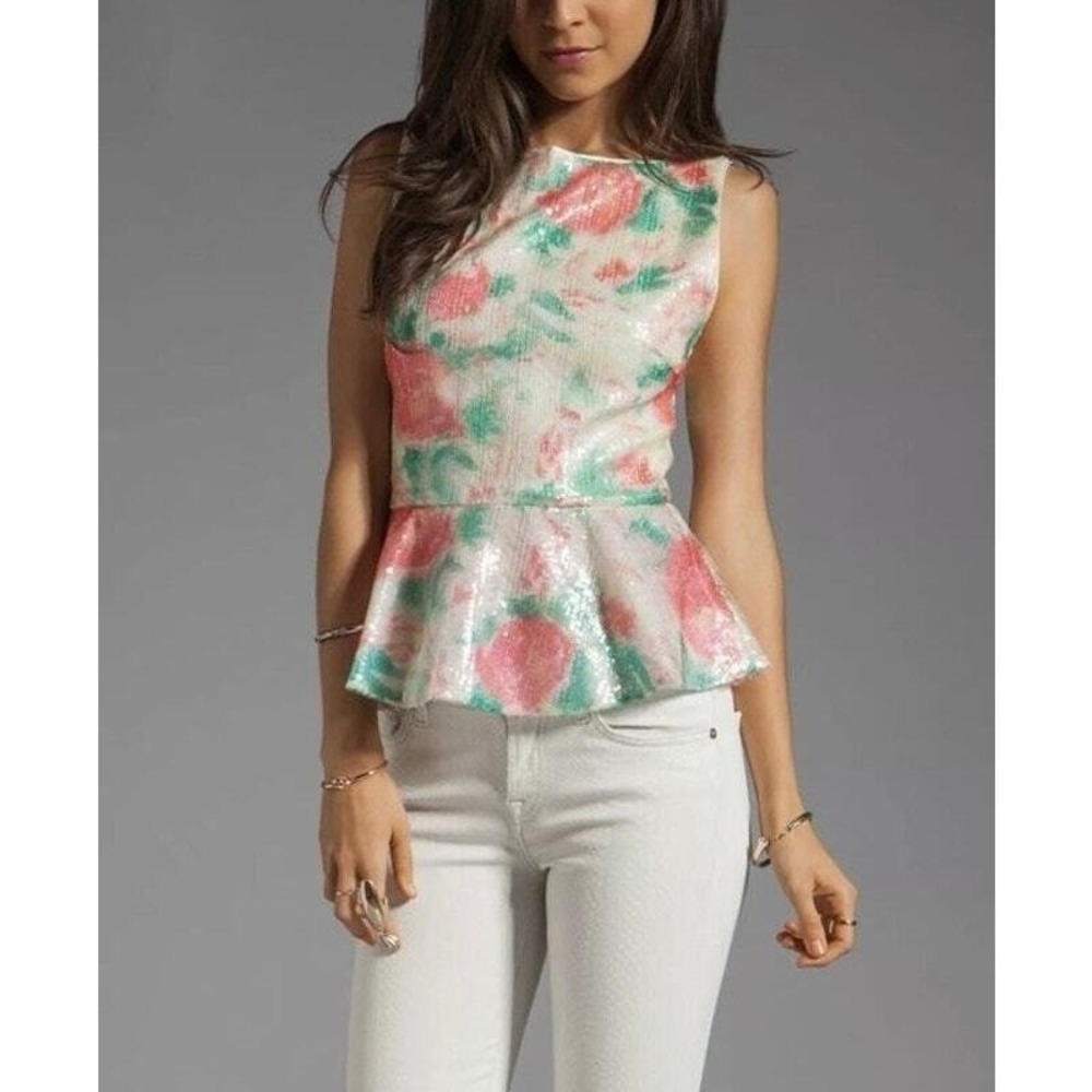 ALICE + OLIVIA Peplum Top Women XS Cream Floral Sequin Rosie Abstract Garden